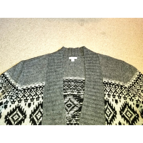Womens Sweater-J. JILL-grey/black Nordic wool long open cardigan ls Fair Isle-L - Picture 2 of 4